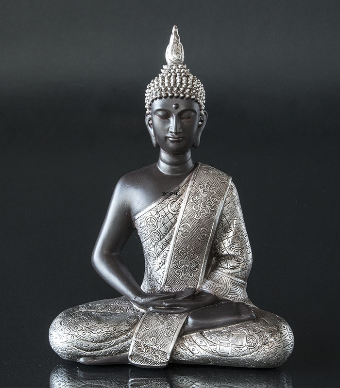 Buddha in Meditation Dhyana Mudra, Schwarz und Silber Polyresin