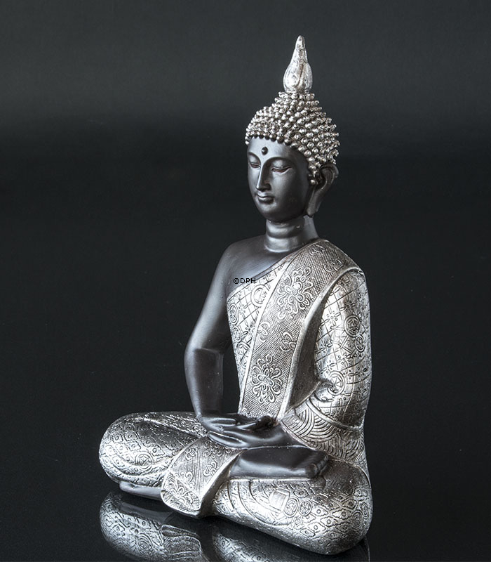 Buddha in Meditation Dhyana Mudra, Schwarz und Silber Polyresin