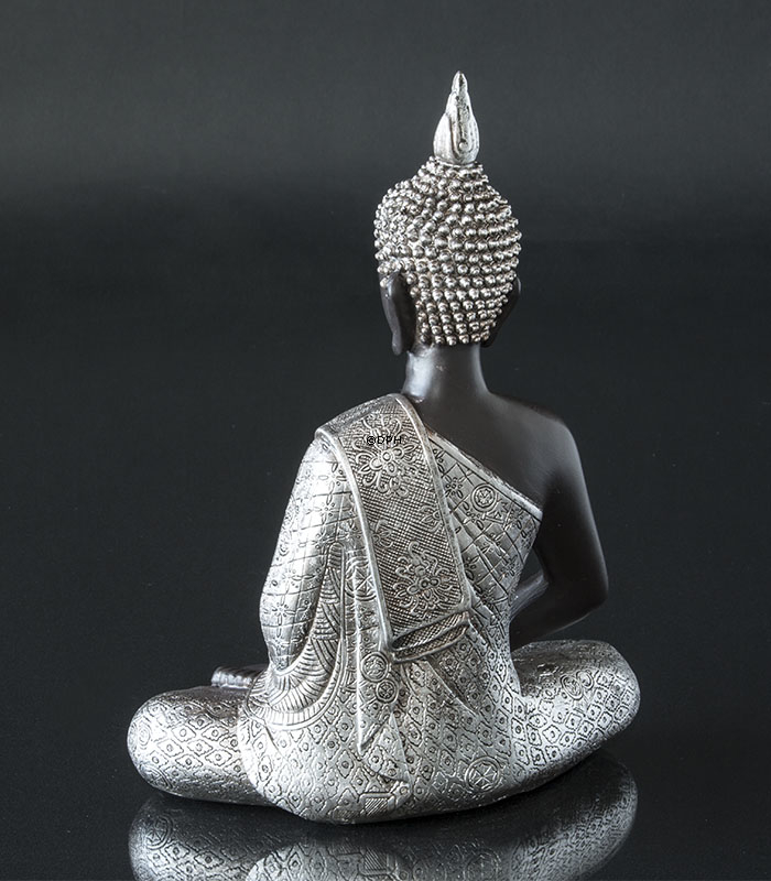 Buddha in Meditation Dhyana Mudra, Schwarz und Silber Polyresin
