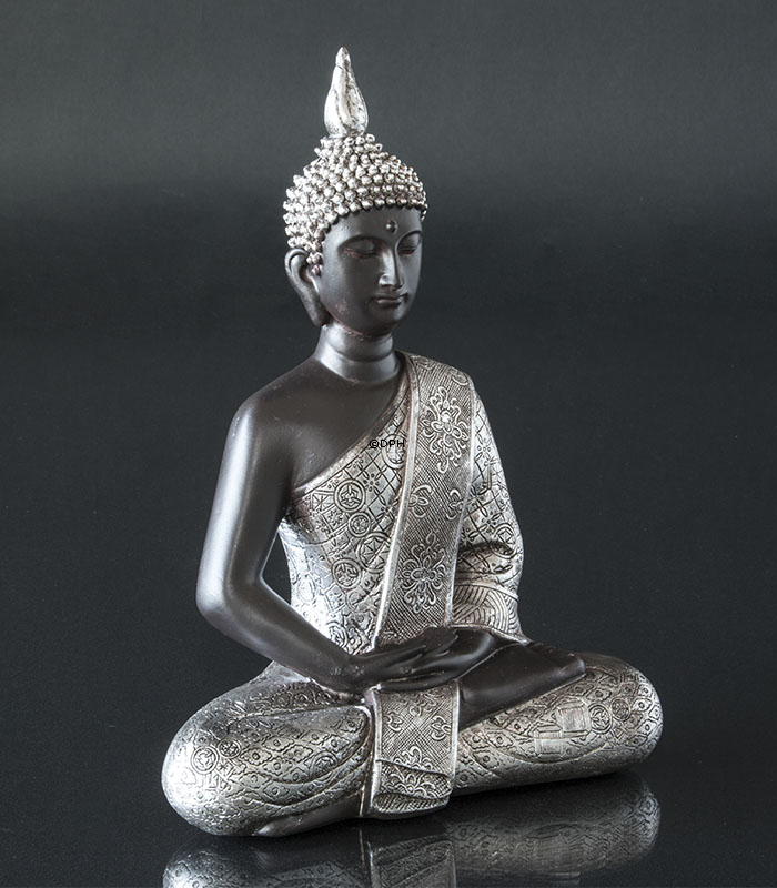 Buddha in Meditation Dhyana Mudra, Schwarz und Silber Polyresin