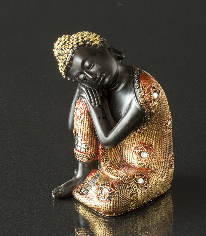 Buddha sitzend mit Hände auf dem Knie, Schwarz und Gold Polyresin