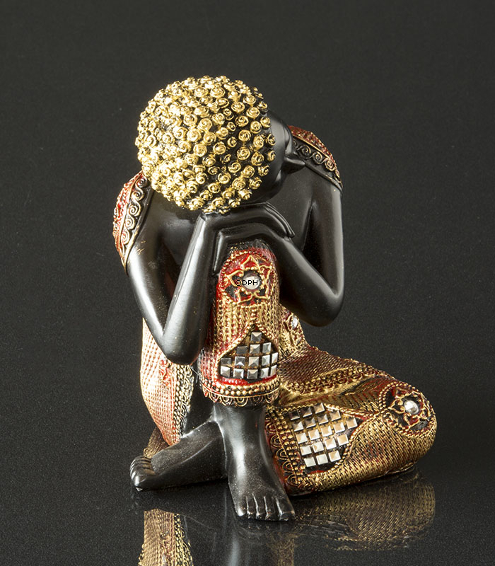 Buddha sitzend mit Hände auf dem Knie, Schwarz und Gold Polyresin