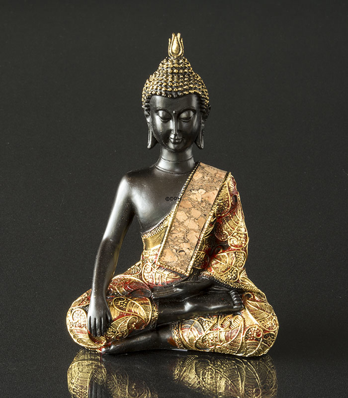 Buddha Erdberührungsgeste Bhumisparsa Mudra, Schwarz und Gold Polyresin