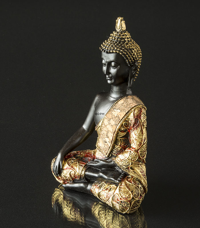 Buddha Erdberührungsgeste Bhumisparsa Mudra, Schwarz und Gold Polyresin