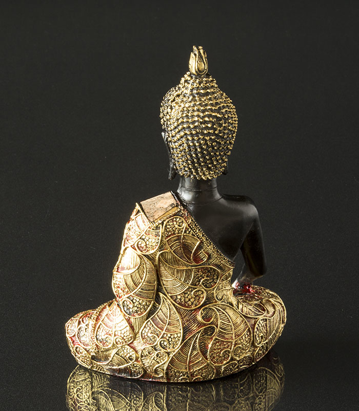 Buddha Erdberührungsgeste Bhumisparsa Mudra, Schwarz und Gold Polyresin