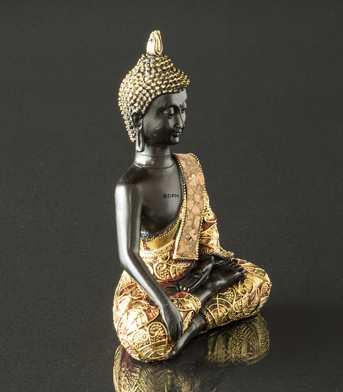 Buddha Erdberührungsgeste Bhumisparsa Mudra, Schwarz und Gold Polyresin