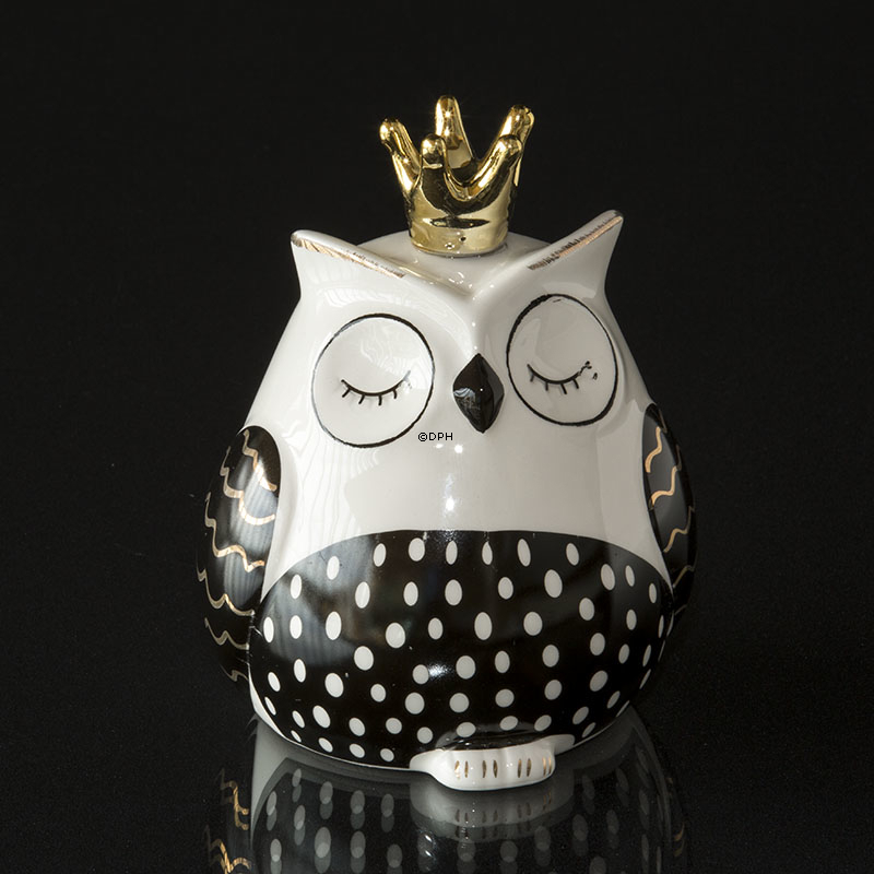 Eule mit Krone, Schwarz-Weiß Keramik