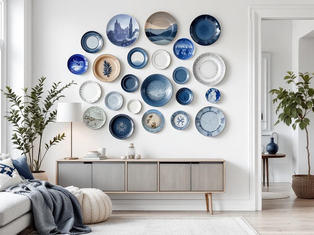 Tellerwand mit verschiedenen blau-weißen Tellern.
