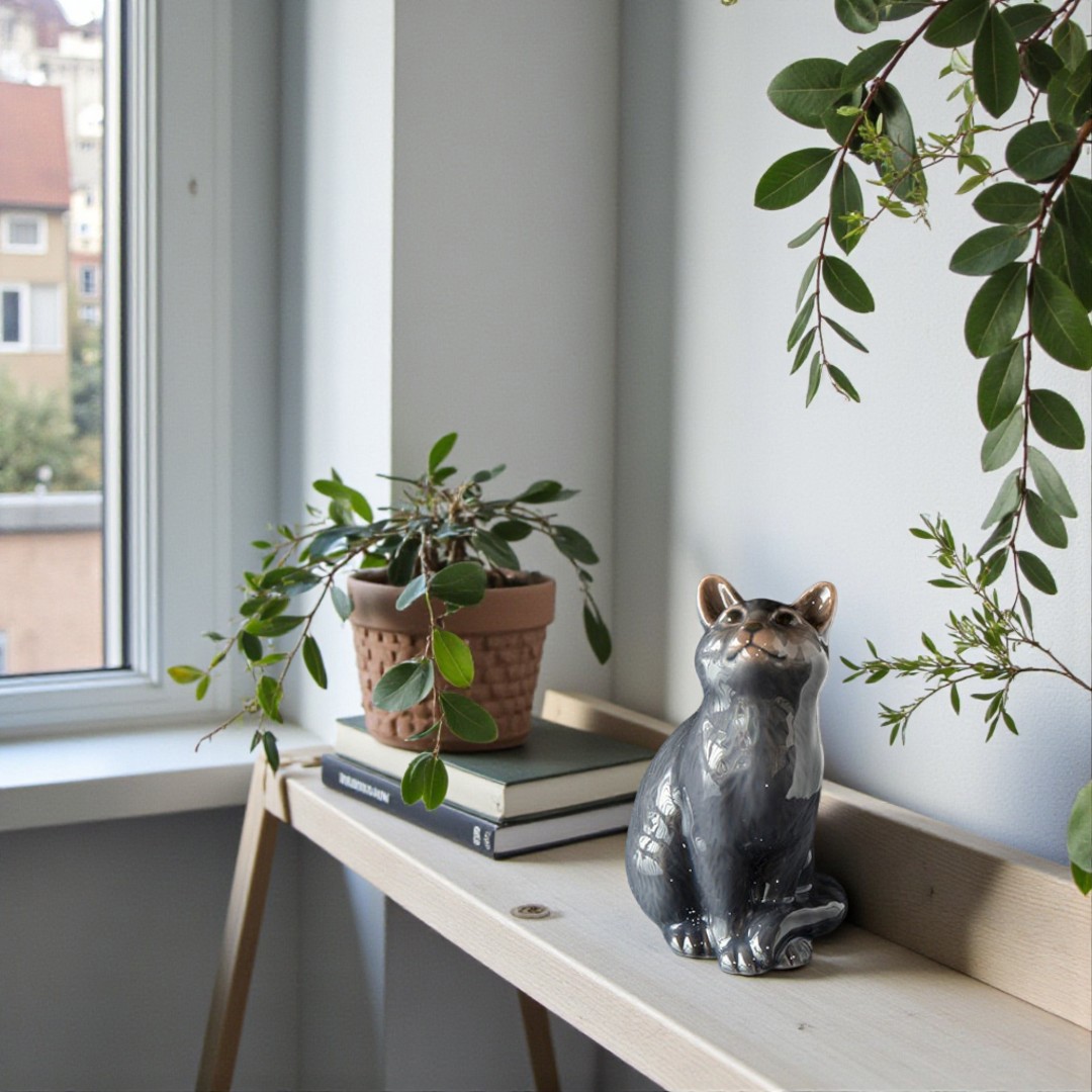 Royal Copenhagen Jahresfigur 2022 Katze aus Porzellan, graue Katzenfigur sitzend auf einem Regal mit grünen Pflanzen in heller Wohnkultur