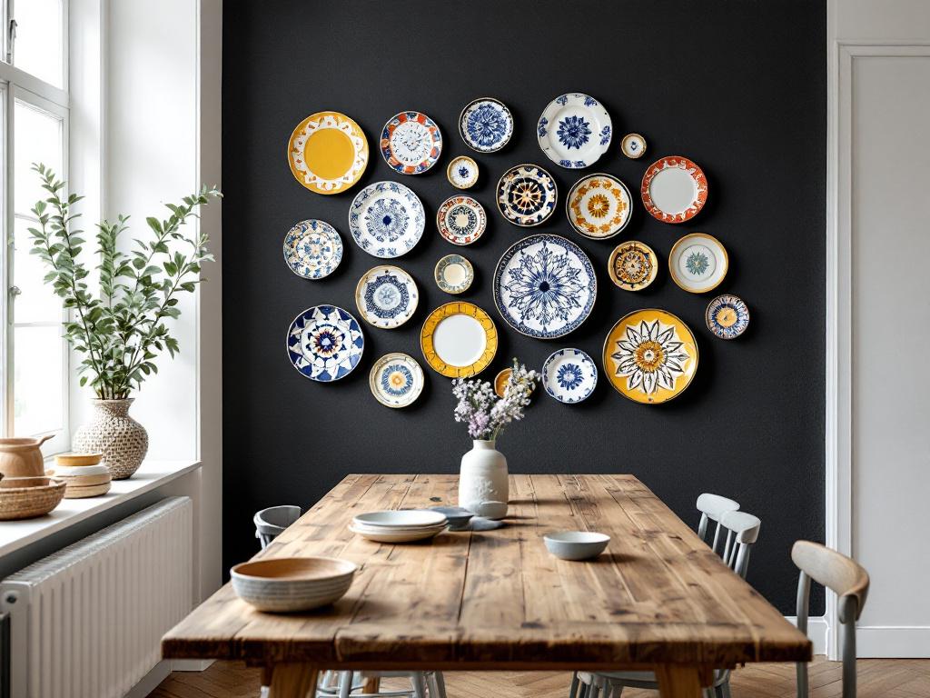 Viele farbige Teller auf dunkler Wand bringen Farbe ins Wohnzimmer.