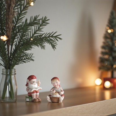 Zwei Royal Copenhagen Pixie Wichtel stehen auf einem Holzregal neben Tanne in Vase, mit kleinem Weihnachtsbaum und warmem Licht im Hintergrund.
