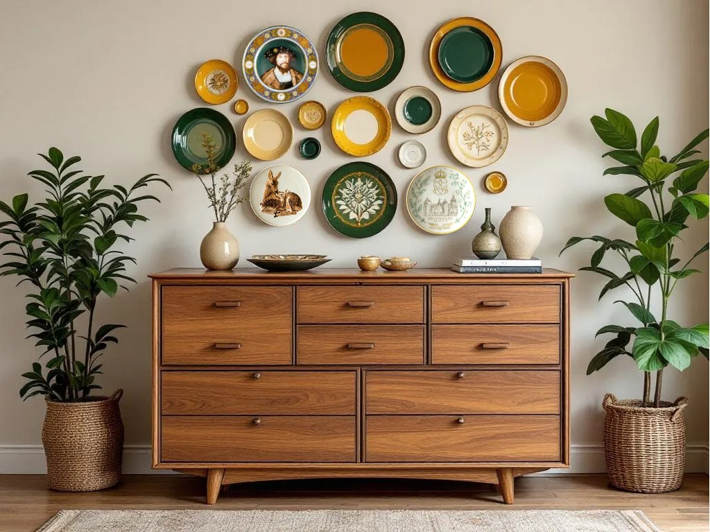 Teller kombiniert mit einer Teak-Kommode