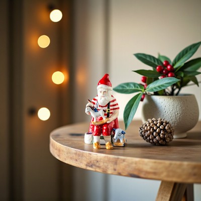 Royal Copenhagen Weihnachtsfigur mit Weihnachtsmann und kleinen Tieren auf einem Holztisch mit grüner Pflanze, Zapfen und warmen Weihnachtslichtern im Hintergrund.