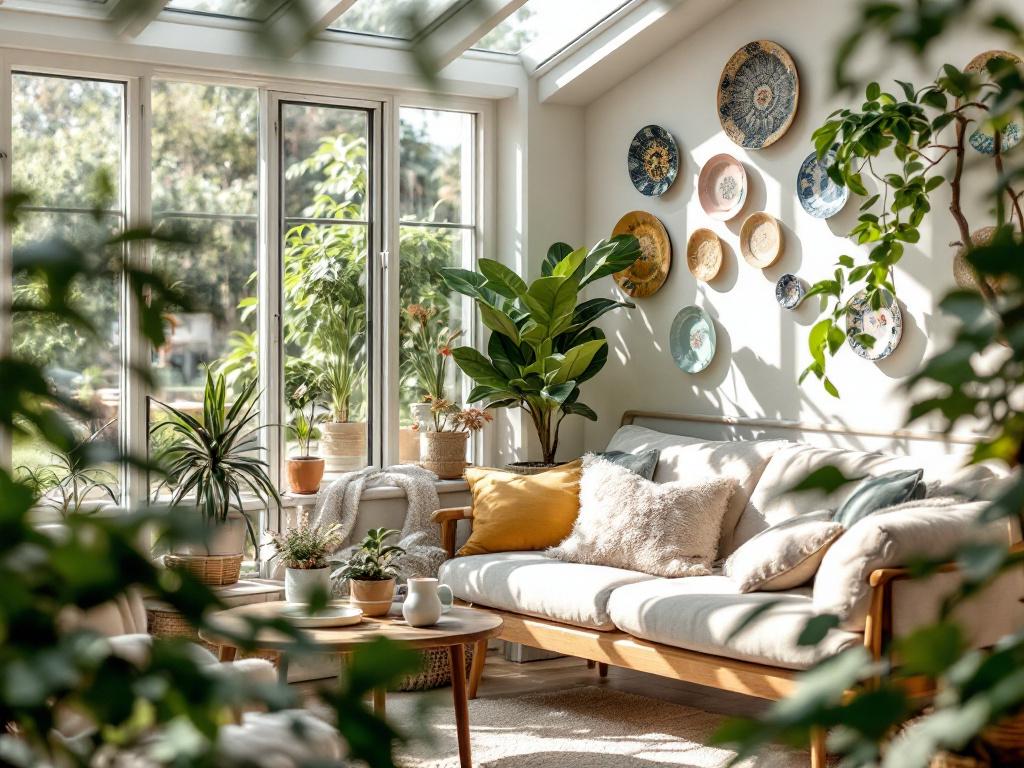 Wintergarten mit Tellern als Wanddeko