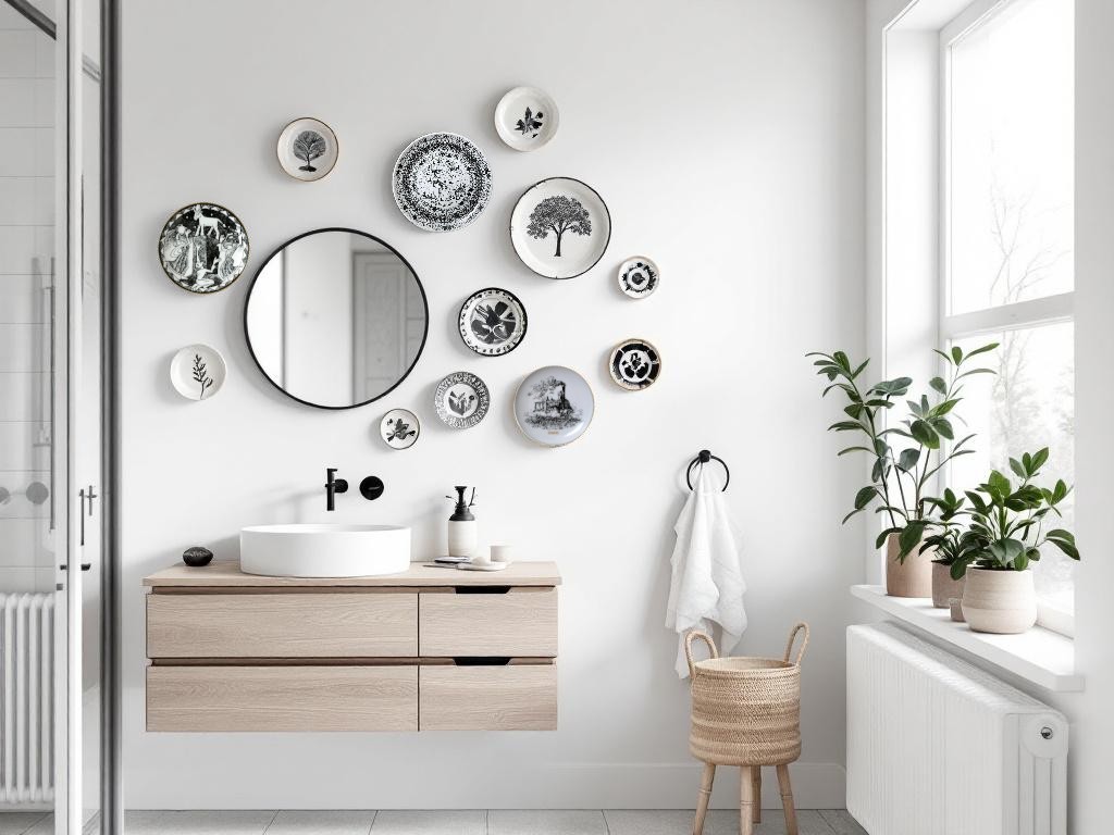 Badezimmer mit Tellern als Wanddeko