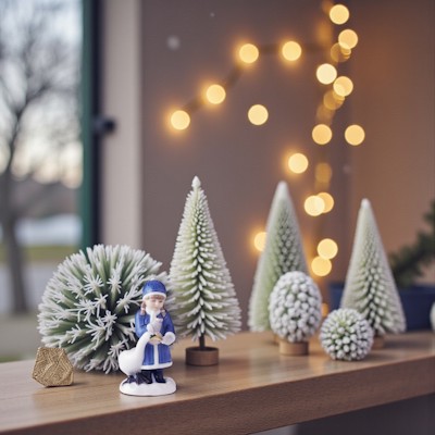 Royal Copenhagen Jahresfigur 2017 mit Mädchen im blauen Mantel, das einen Schwan füttert, platziert zwischen kleinen wintergrünen Bäumen und warmen Weihnachtslichtern.